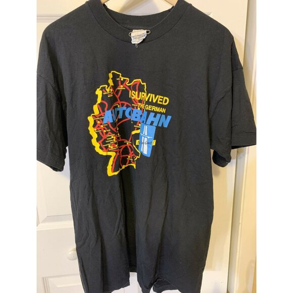 Vtg 80s T‎ Shirt Screen Stars I Survived The German Autobahn Sz XL Black - Picture 3 of 7